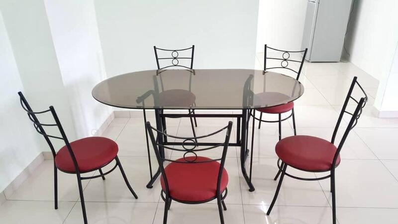 Dining features: oval glass dining table, metal frame, four red upholstered dining chairs, white painted walls, ceramic tile flooring, natural light from nearby window; style: modern.