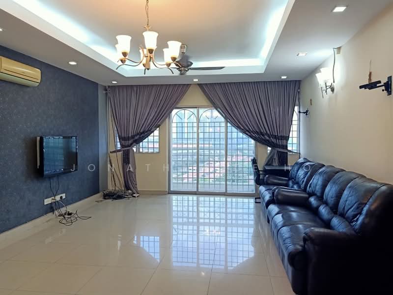 Living features: black leather 3-seater sofa, white tiled flooring, blue accent wall, recessed ceiling with downlights, 5-blade ceiling fan, chandelier, floor-to-ceiling windows, sheer curtains, TV mounted on wall, cable management visible; style: modern; view: city.