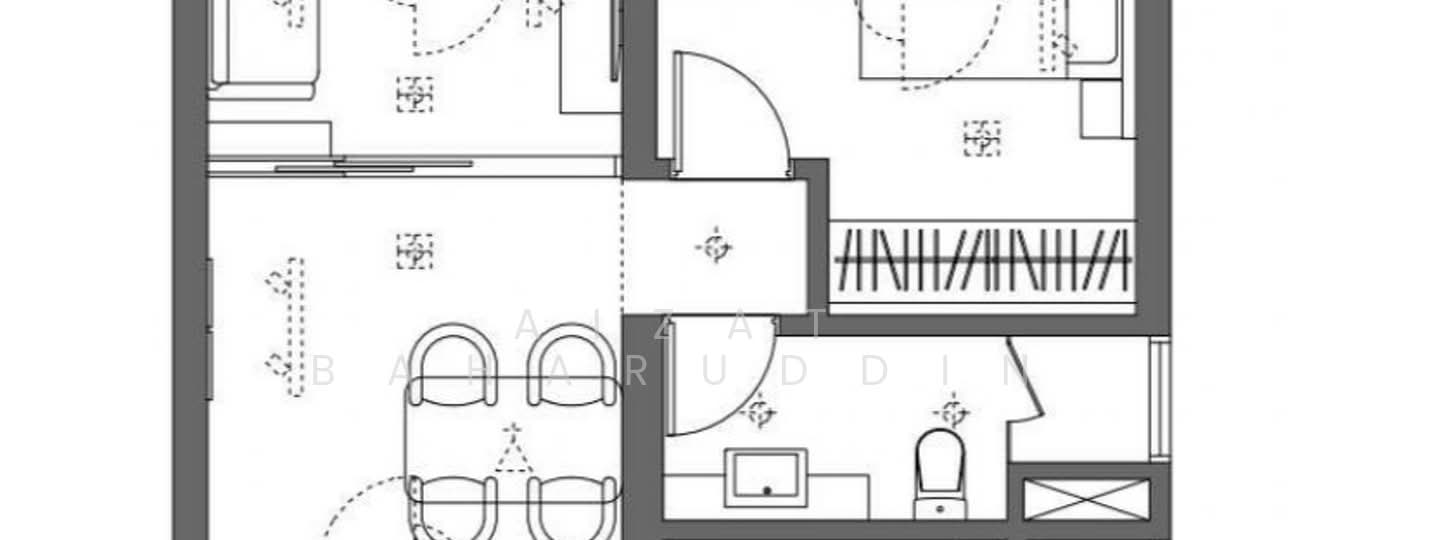 Floor plan: 2-bedroom 1-bathroom unit; features: open-plan kitchen-dining-living, master bedroom with ensuite bathroom, bedroom 2 with shared bathroom, utility room, central foyer, 1 car porch.