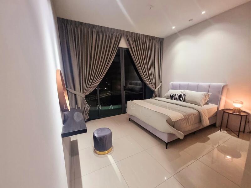 Bedroom features: queen-size bed with upholstered headboard, white bedding, floor-to-ceiling windows, grey curtains, nightstand with lamp, decorative stool, polished tile flooring, recessed downlights, wall-mounted decor, city view; style: modern; view: city.
