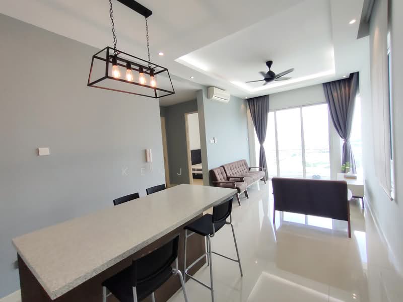 Living features: grey painted walls, polished ceramic tile flooring, tray ceiling with recessed lighting, 5-blade ceiling fan, large floor-to-ceiling windows, sheer curtains, sofa in brown, coffee table, dining table with 4 black chairs, pendant light fixture, air conditioning unit; style: modern; view: city.