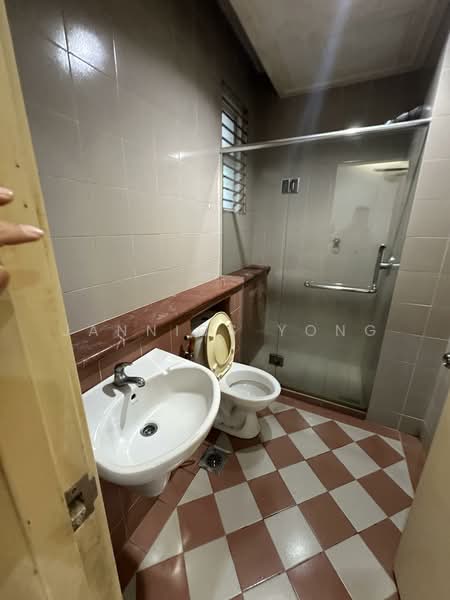 Bathroom features: white ceramic sink, chrome basin mixer faucet, one-piece toilet, glass shower enclosure, rain shower head, tile flooring with checkerboard pattern, brown marble countertop, grey tiled walls, window for natural light, wall-mounted mirror; style: modern.