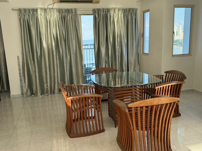 Dining features: glass dining table, wooden dining chairs, grey curtains, tile flooring, wall-mounted air conditioning unit, floor-to-ceiling windows, view of city skyline; style: modern; view: city.