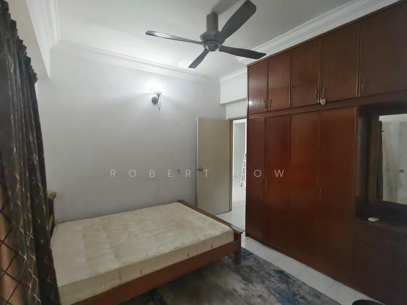 Bedroom features: white painted walls, ceiling fan, built-in wardrobe with wooden finish, single bed frame, tile flooring, window with curtains, light fixture on wall, mirror on wardrobe.