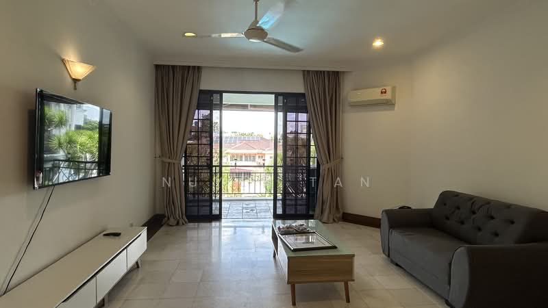Living features: grey fabric sofa, coffee table, wall-mounted TV, TV console, 5-blade ceiling fan with light, floor-to-ceiling windows, sliding glass door, curtains, marble flooring, air conditioning unit; style: modern; view: garden.