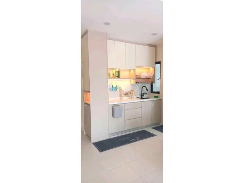 Kitchen features: light-colored cabinetry, white countertop, single-bowl stainless-steel sink, chrome pull-down faucet, built-in oven, stainless-steel refrigerator, under-cabinet lighting, tile backsplash, ceramic tile flooring, two kitchen mats, window with view, open shelving; style: modern.