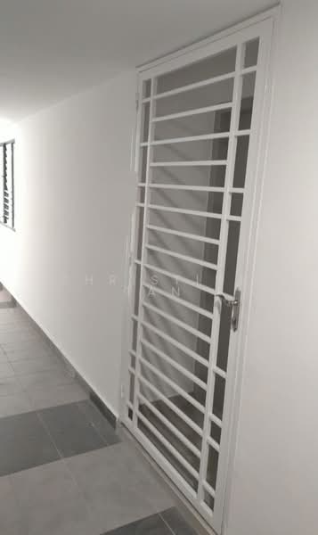 Room features: white painted walls, grey tile flooring, metal security door with grid pattern, window with horizontal bars, natural light from window; style: modern.