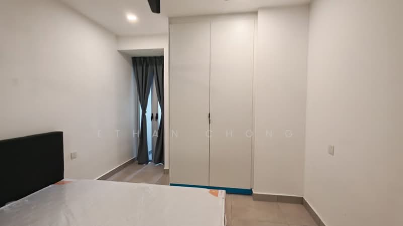 Bedroom features: queen-size bed, black upholstered headboard, built-in wardrobe with sliding doors, floor-to-ceiling window, grey curtains, light-colored wall, tile flooring, recessed downlights, ceiling fan; style: modern.