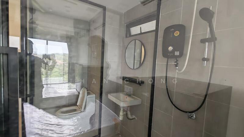 Bathroom features: walk-in shower with glass enclosure, rain shower head, handheld shower, toilet, single-sink vanity with wall-mounted faucet, round mirror, tile cladding on walls, grey tile flooring, window with view, shower control panel; style: modern; view: city.
