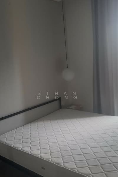 Bedroom features: queen-size bed frame without mattress, grey painted walls, hanging pendant light, floor-to-ceiling window with sheer curtains, light-coloured flooring, minimalist decor; style: modern.