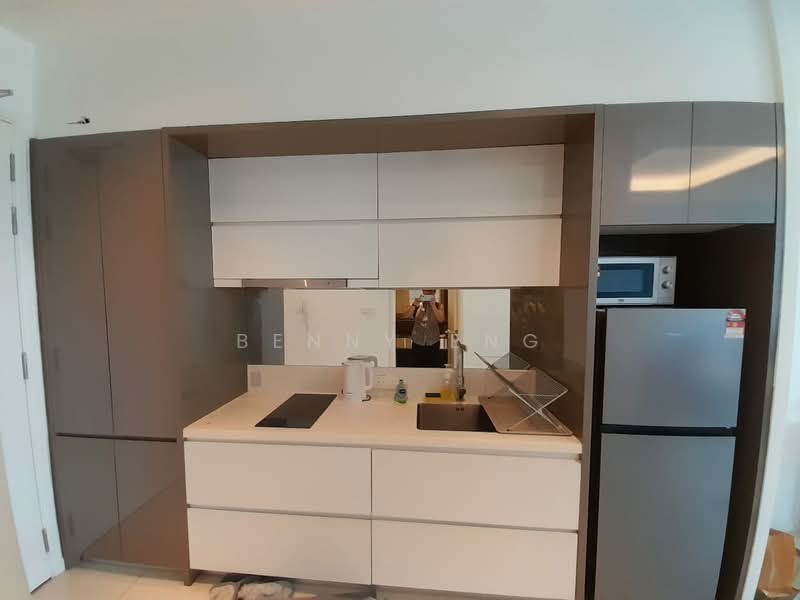 Kitchen features: two-tone cabinetry with grey and white finishes, double-bowl stainless-steel sink, chrome pull-down faucet, built-in microwave, stainless-steel fridge, flat-panel cabinet doors, countertop with glossy finish, tile flooring, recessed downlights, open shelving, kitchen island, wall-mounted cabinets; style: modern.