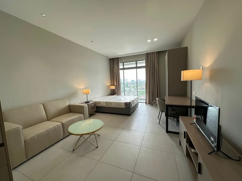 Living features: cream painted walls, large floor-to-ceiling windows, beige fabric sofa, round glass coffee table, wooden TV console, wall-mounted TV, desk with chair, lamps on side tables, tile flooring, queen-size bed, bedside lamps, curtains, decorative wall art; style: modern; view: city.