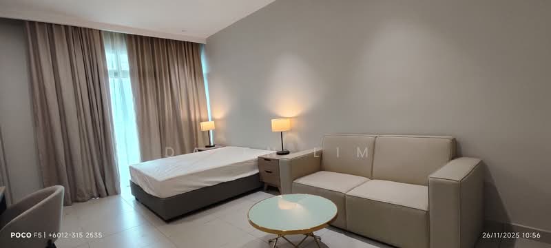 Room features: light grey painted walls, white ceiling, large window with sheer curtains, floor-to-ceiling windows, white bed frame with mattress, beige fabric sofa, glass coffee table, two bedside lamps, tile flooring; style: modern.