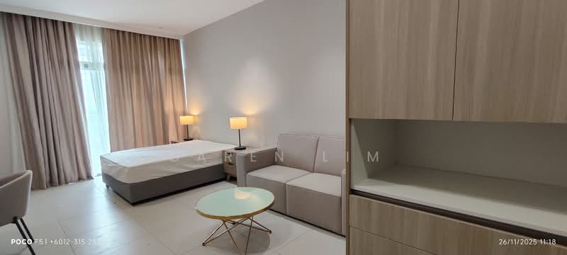 Bedroom features: queen-size bed with white bedding, 2 bedside lamps, light grey fabric sofa, round coffee table with glass top, built-in wardrobe with wood finish, floor-to-ceiling windows with sheer curtains, light grey painted walls, tile flooring; style: modern.
