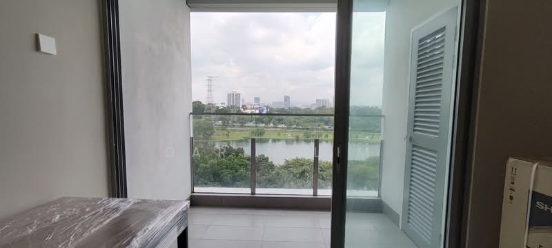Room features: floor-to-ceiling sliding glass door, grey tiled flooring, neutral painted walls, balcony with glass railing, view of city skyline, window with louvered shutters, small table, air conditioning unit; style: modern; view: city.