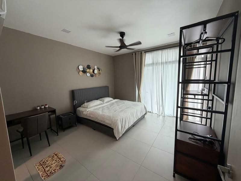 Bedroom features: king-size bed with white bedding, upholstered headboard, 2 bedside tables, desk with chair, ceiling fan, floor-to-ceiling windows, curtains, decorative wall art, tile flooring, wall-mounted shelving unit, wooden dresser; style: modern.