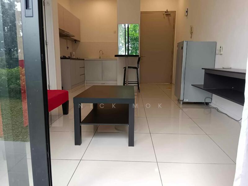Living features: white painted walls, glossy tile flooring, ceiling lights, floor-to-ceiling windows, red fabric sofa, black coffee table, open kitchen layout, kitchen counter with bar stools, refrigerator, wall-mounted shelf; style: modern; view: garden.