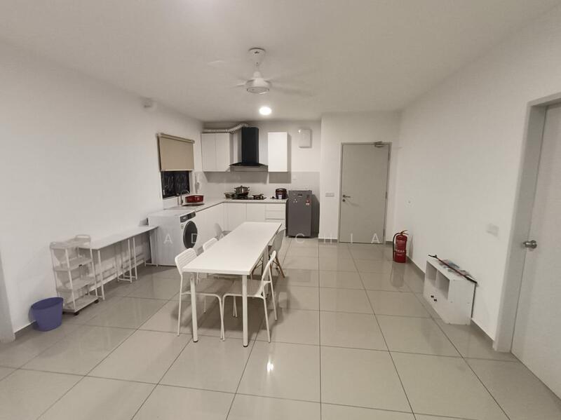 Kitchen features: white painted walls, grey tiled flooring, ceiling fan, kitchen island with white tabletop, stainless-steel fridge, built-in oven, gas hob, white cabinetry, sink, window with roller blinds, open shelving, dining table with white chairs; style: modern.