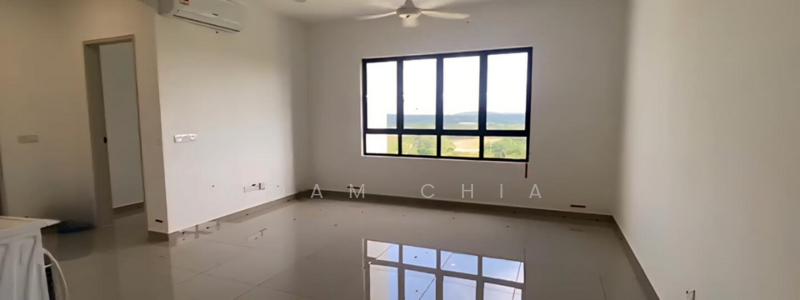 Room features: white painted walls, glossy ceramic tile flooring, 5-blade ceiling fan, floor-to-ceiling windows, mountain view, air conditioning unit on wall, no visible furniture, natural light from windows; style: modern; view: mountain.
