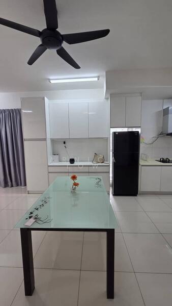 Kitchen features: white cabinetry, glass-top dining table, 4-seater dining table, stainless-steel fridge, built-in oven, ceramic tile flooring, grey curtains, ceiling fan, recessed lighting, white walls, kitchen sink, countertop with floral design; style: modern.