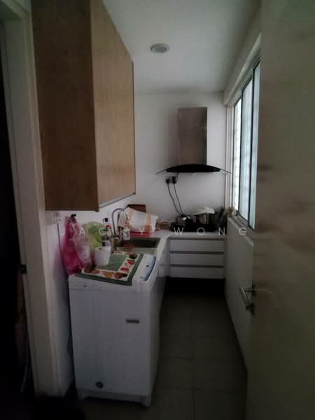 Kitchen features: white walls, light wood cabinetry, stainless-steel range hood, washing machine, countertop with space for appliances, tile flooring, window with natural light, drawer storage; style: modern.