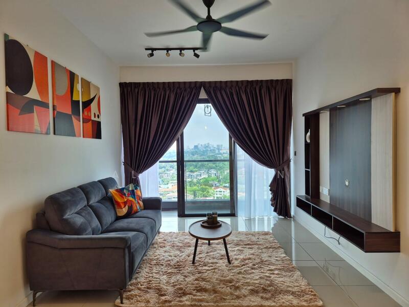 Living features: 3-seater fabric sofa in grey, colorful throw pillows, area rug with shaggy texture, wall-mounted TV console, large floor-to-ceiling windows, curtains in dark purple, ceiling fan with light, abstract wall art, tile flooring in light color; style: modern; view: city.