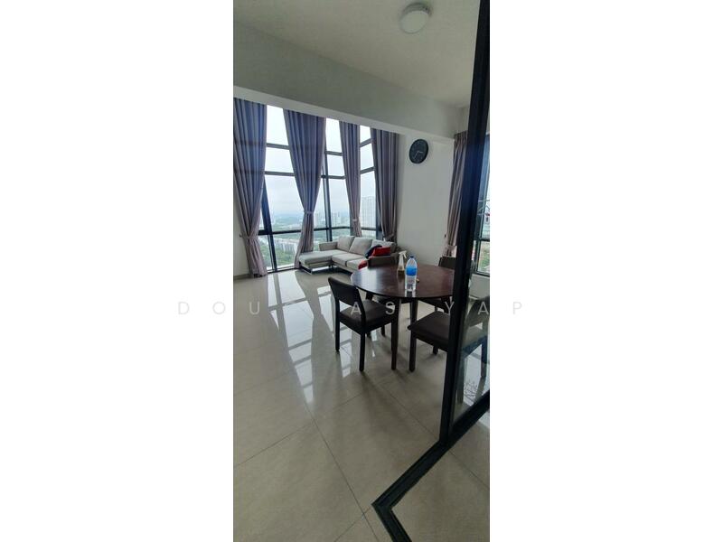 Living features: floor-to-ceiling windows, grey curtains, light-coloured tiled flooring, round dining table, 4 dining chairs, sofa, wall clock, decorative wall art, open layout, city view; style: modern; view: city.