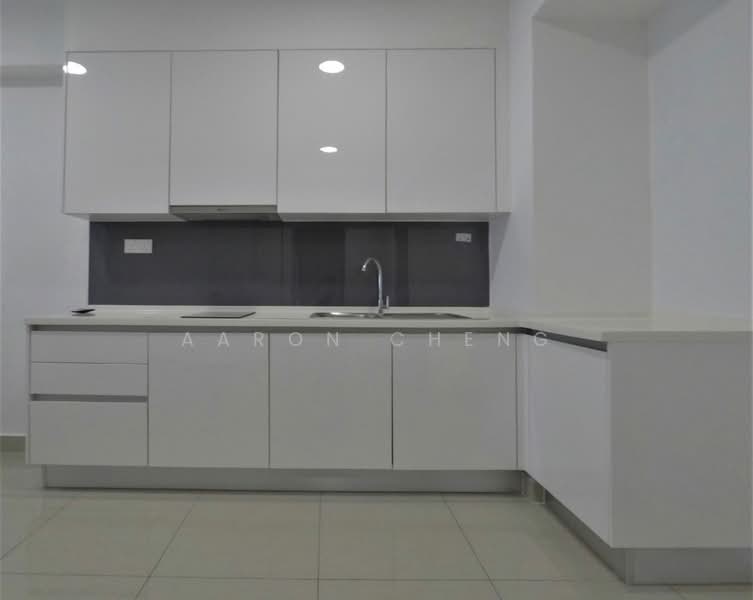 Kitchen features: white flat-panel cabinets, stainless-steel sink, chrome pull-down faucet, white quartz countertop, black glass backsplash, built-in oven, freestanding range oven, ceramic tile flooring, recessed downlights, wall-mounted range hood; style: modern.
