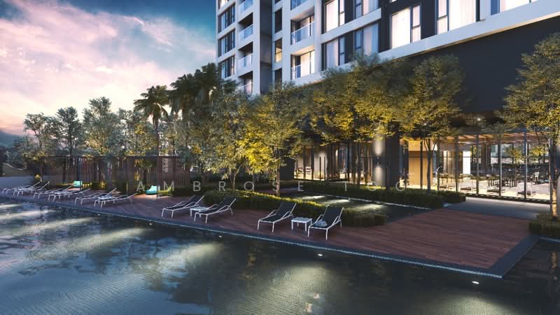 Exterior type: high-rise condominium; features: infinity pool, pool deck with loungers, landscaped garden with trees, modern facade with large windows, outdoor dining area, manicured lawn, surrounding greenery; style: modern.