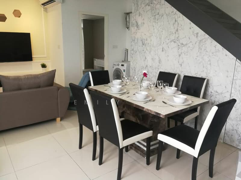 Dining features: 6-seater dining table with marble top, black and white upholstered dining chairs, decorative flower centerpiece, white plates and cutlery set, glassware on the table, white painted walls, marble accent wall, tile flooring, recessed downlights, wall-mounted TV in background, visible washing machine in adjacent room; style: modern. Living features: 3-seater fabric sofa in grey, decorative cushions, wall-mounted TV, open layout to dining area; style: modern.