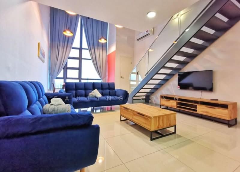 Living features: blue fabric sofa, coffee table with wooden top and metal legs, wall-mounted TV, white walls, large windows with sheer curtains, recessed ceiling lights, open staircase with metal railing, polished tile flooring; style: modern.