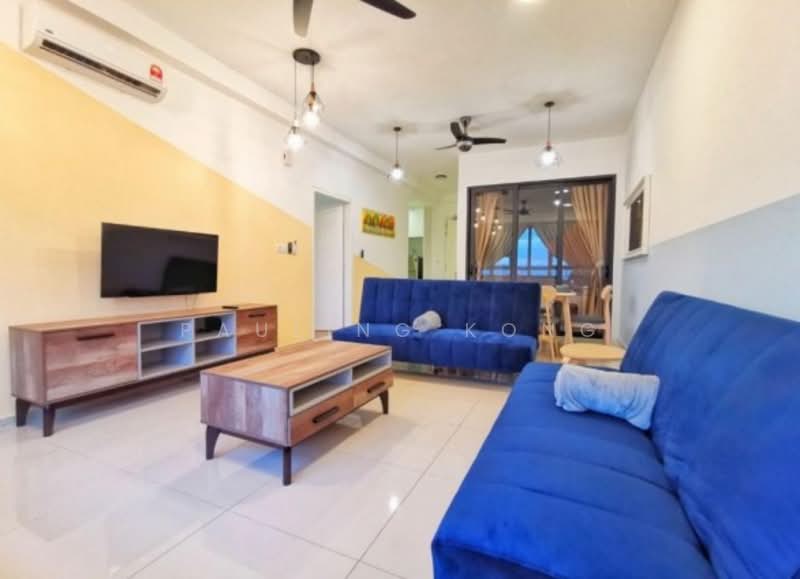 Living features: blue fabric sofa, 2-seater blue sofa, wooden coffee table with storage, wall-mounted TV, TV console with drawers, white painted walls, cream accent wall, recessed downlights, ceiling fan, sliding glass door, curtains, tile flooring; style: modern.