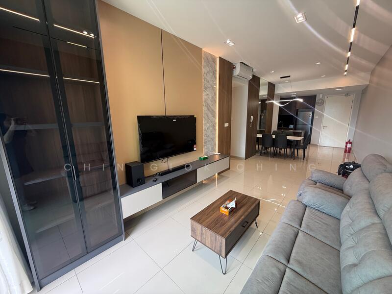 Living features: grey fabric sofa, wooden coffee table, wall-mounted TV, entertainment unit with storage, recessed lighting, cream painted walls, glossy tile flooring, air conditioning unit, floor-to-ceiling windows with sheer curtains, dining area visible in background; style: modern.