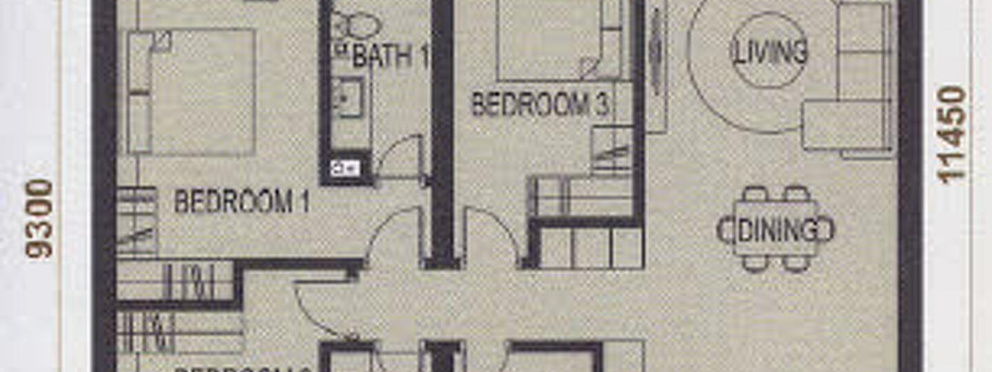 Floor plan: 3-bedroom 1-bathroom unit; features: open-plan kitchen-dining-living, master bedroom with ensuite bathroom, bedroom 2 with shared bathroom, utility room, central foyer, 1 car porch.