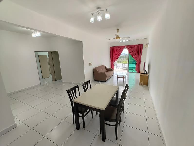 Living features: white painted walls, glossy white tile flooring, 5-blade ceiling fan with light, recessed downlights, large sliding glass door, red curtains, brown fabric sofa, wooden TV console, dining table with 4 chairs, wall-mounted TV; style: modern; view: garden. Room features: white painted walls, glossy white tile flooring.