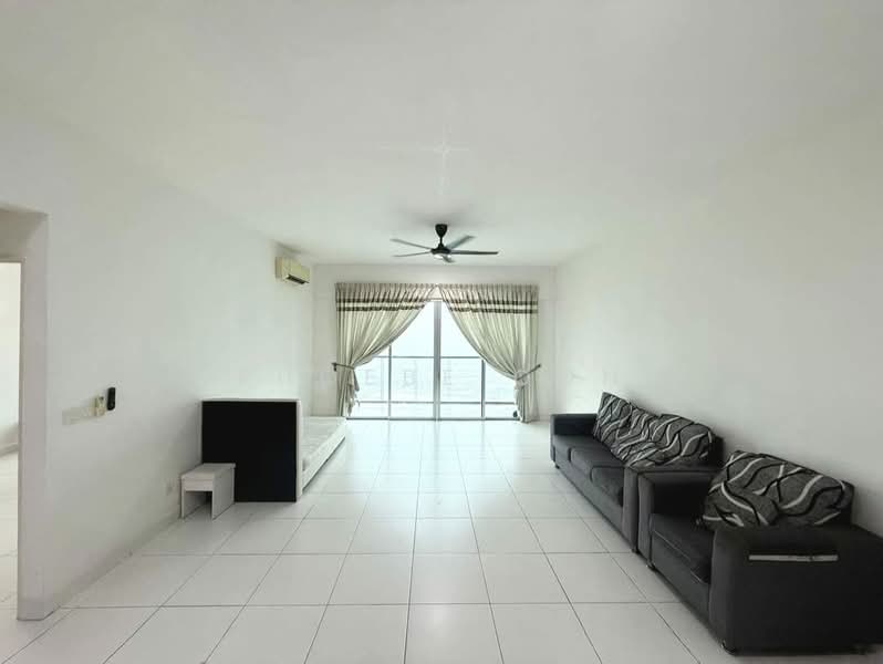Living features: white painted walls, white tiled flooring, 5-blade ceiling fan with light, floor-to-ceiling windows, sheer curtains, black sofa with patterned cushions, black TV console, natural light from windows; style: modern; view: city.