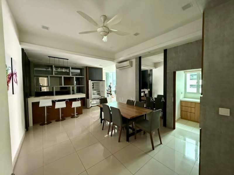 Dining features: dining table with 6 chairs, ceiling fan, white walls, tile flooring, recessed downlights, open-plan layout, bar counter with stools, built-in cabinetry, large windows, air conditioning unit; style: modern. Kitchen features: stainless-steel fridge, built-in oven, kitchen island, white cabinetry, granite countertop, open shelving, tile backsplash, 4-burner gas hob, sink with faucet; style: modern.