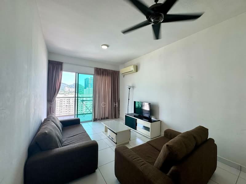Living features: 2-seater fabric sofa in brown, 3-seater fabric sofa in brown, coffee table, wall-mounted TV, TV console in white, floor-to-ceiling windows, sliding glass door, curtains in beige, ceiling fan, air conditioning unit, white painted walls, tile flooring; style: modern; view: city.