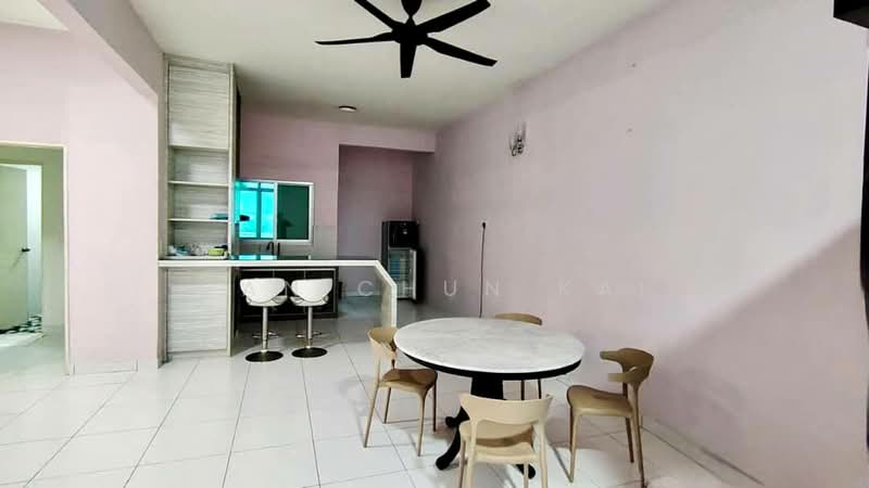 Dining features: round marble dining table, 4 beige dining chairs, white tiled flooring, pink painted walls, 5-blade ceiling fan, open kitchen layout, bar counter with stools, refrigerator visible in background; style: modern. Kitchen features: bar counter with stools, white cabinetry, open layout to dining area; style: modern.