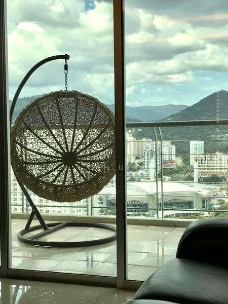 Room features: hanging rattan chair, glass sliding door, city skyline view, mountain view, tile flooring, balcony railing, large windows, natural light; style: modern; view: city.