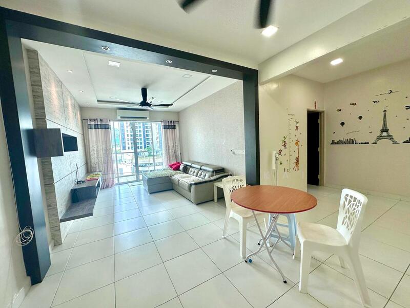 Living features: white tiled flooring, light grey walls, feature wall with stone cladding, ceiling fan with light, sofa in light grey, coffee table, wall-mounted TV, floor-to-ceiling windows, curtains, decorative wall art, open layout to dining area; style: modern; view: city. Dining features: round wooden dining table, 2 white plastic chairs; style: modern.