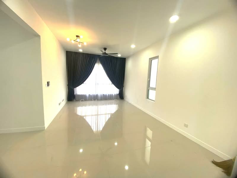 Living features: white painted walls, glossy tile flooring, 5-blade ceiling fan with light, recessed downlights, floor-to-ceiling windows, blackout curtains, curtains with tiebacks, neutral color scheme; style: modern.
