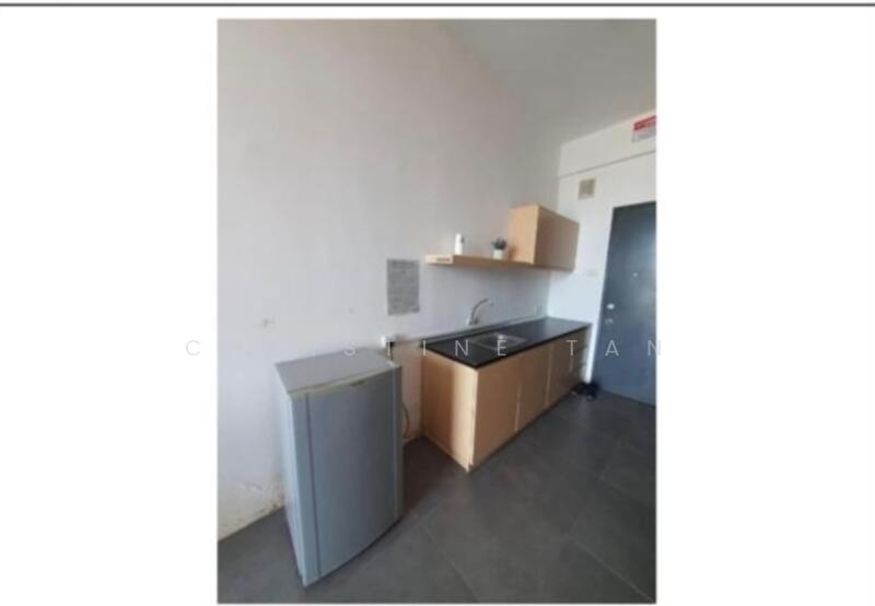 Kitchen features: grey ceramic tile flooring, white painted walls, single-bowl stainless-steel sink, chrome pull-down faucet, wood cabinetry with flat-panel design, built-in countertop, stainless-steel fridge, wall-mounted cabinet, open shelving, door leading to hallway; style: modern.