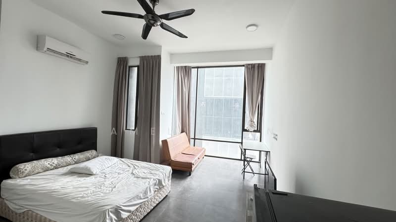 Bedroom features: queen-size bed with upholstered headboard, floor-to-ceiling windows, grey curtains, light grey walls, ceiling fan with light, air conditioning unit, laminate flooring, foldable sofa, study desk, decorative wall panel, minimalist decor; style: modern; view: city.
