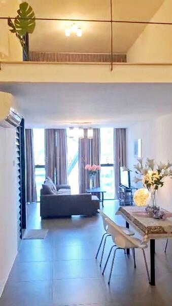 Living features: grey fabric sofa, coffee table, TV console, wall-mounted TV, floor-to-ceiling windows, sheer curtains, recessed downlights, decorative plants, area rug, dining table with marble top, white dining chairs, air conditioning unit; style: modern; view: city. Room features: white painted walls, tile flooring, ceiling with pendant lights.