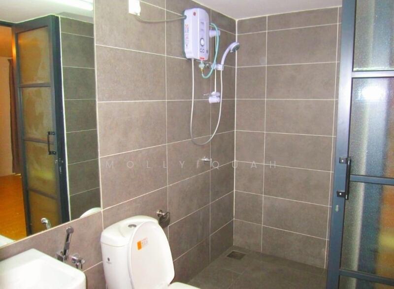 Bathroom features: grey tiled walls, grey tiled flooring, walk-in shower with glass partition, chrome handheld shower, wall-mounted water heater, one-piece toilet, single-sink vanity with mirror, modern faucet; style: modern.