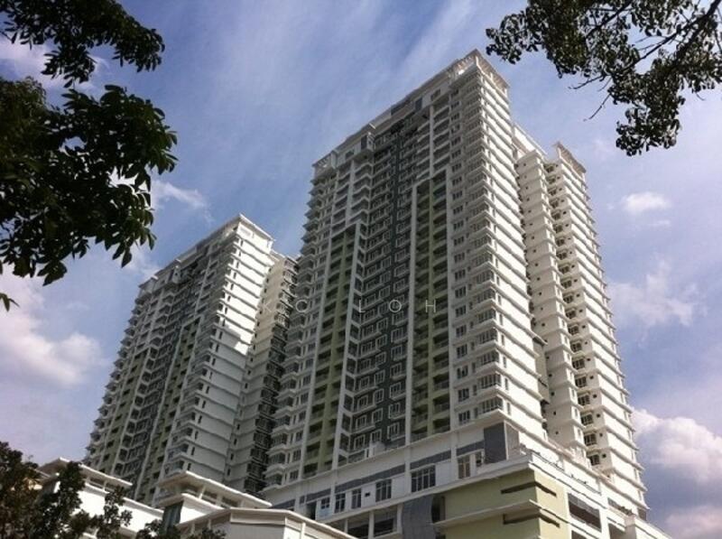 Exterior type: high-rise condominium; features: white painted facade, green accent panels, glass balcony railings, multiple storeys, flat roof, surrounded by trees, urban skyline in background; style: modern.