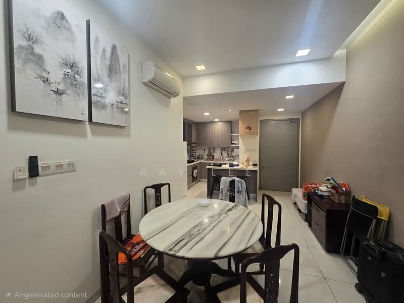 Dining features: round marble dining table, 4 wooden dining chairs, wall-mounted air conditioning unit, framed artwork on walls, white painted walls, tile flooring, recessed ceiling lights, open layout to kitchen; style: modern. Kitchen features: kitchen cabinets, stainless-steel sink, countertop, built-in appliances, open layout to dining area.