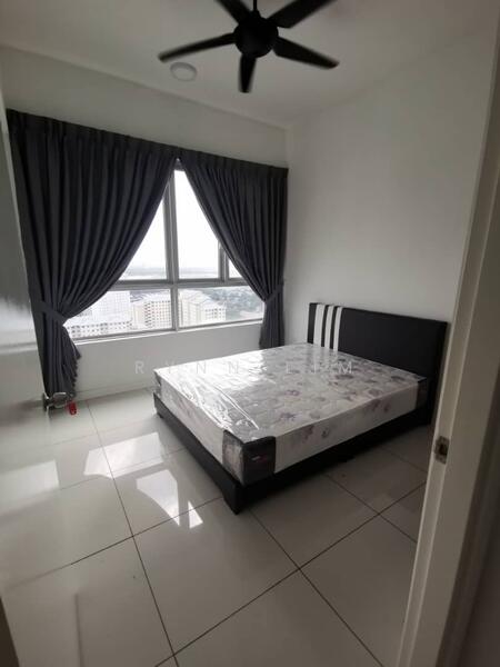 Bedroom features: queen-size bed, black upholstered bed frame, floor-to-ceiling windows, grey curtains, white painted walls, glossy white tile flooring, ceiling fan, city view; style: modern; view: city.