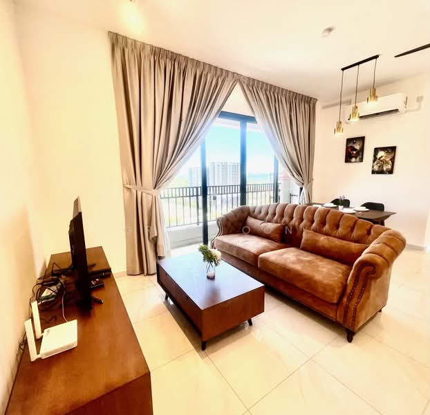Living features: 3-seater brown leather chesterfield sofa, wooden coffee table, wall-mounted TV, TV console, floor-to-ceiling windows, sheer curtains, recessed downlights, air conditioning unit, decorative wall art, ceramic tile flooring, neutral painted walls; style: modern; view: city.